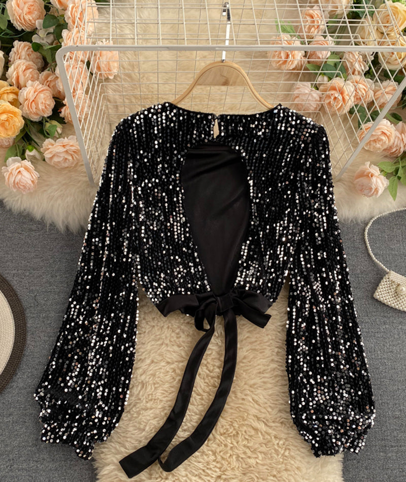 Shiny long sleeve sequins tops open back tops  368