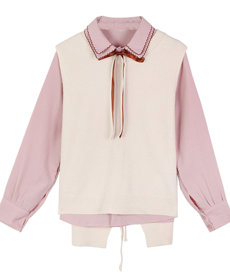 Cute sweater vest + long-sleeved striped shirt  367