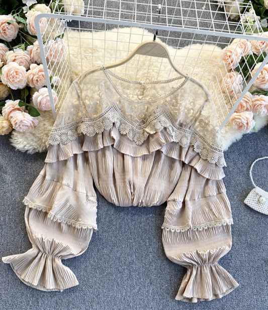 Stylish long sleeve tops see through lace tops  331