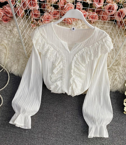 Weiße Spitzentops Langarmshirts 346