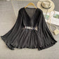 New v-neck pleated chiffon flared sleeve top  312