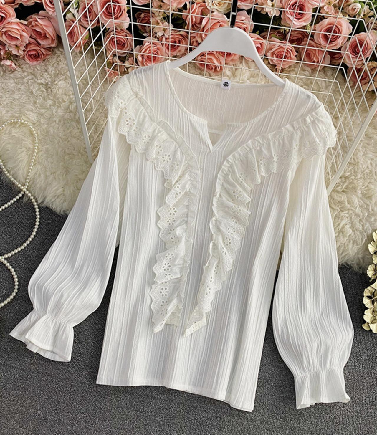 Weiße Spitzentops Langarmshirts 346