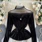 Stylish velvet tops long sleeve see through tops  333