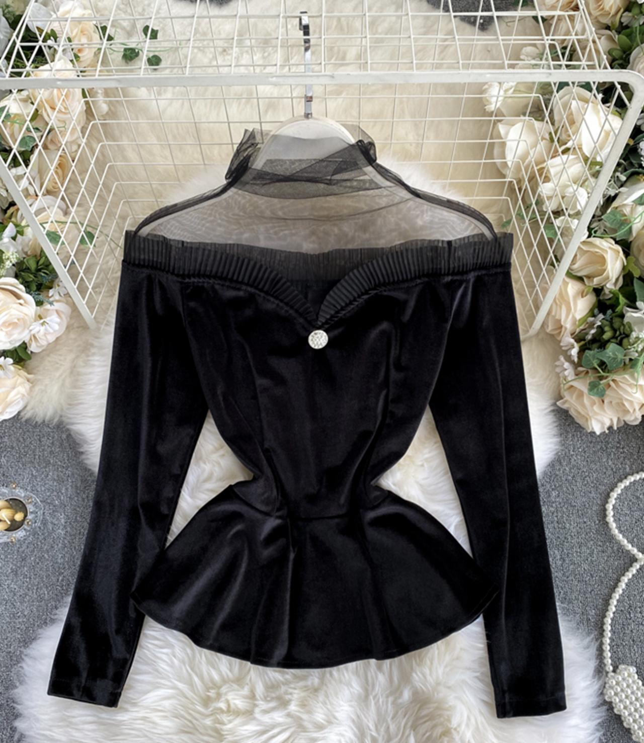 Stylish velvet tops long sleeve see through tops  333