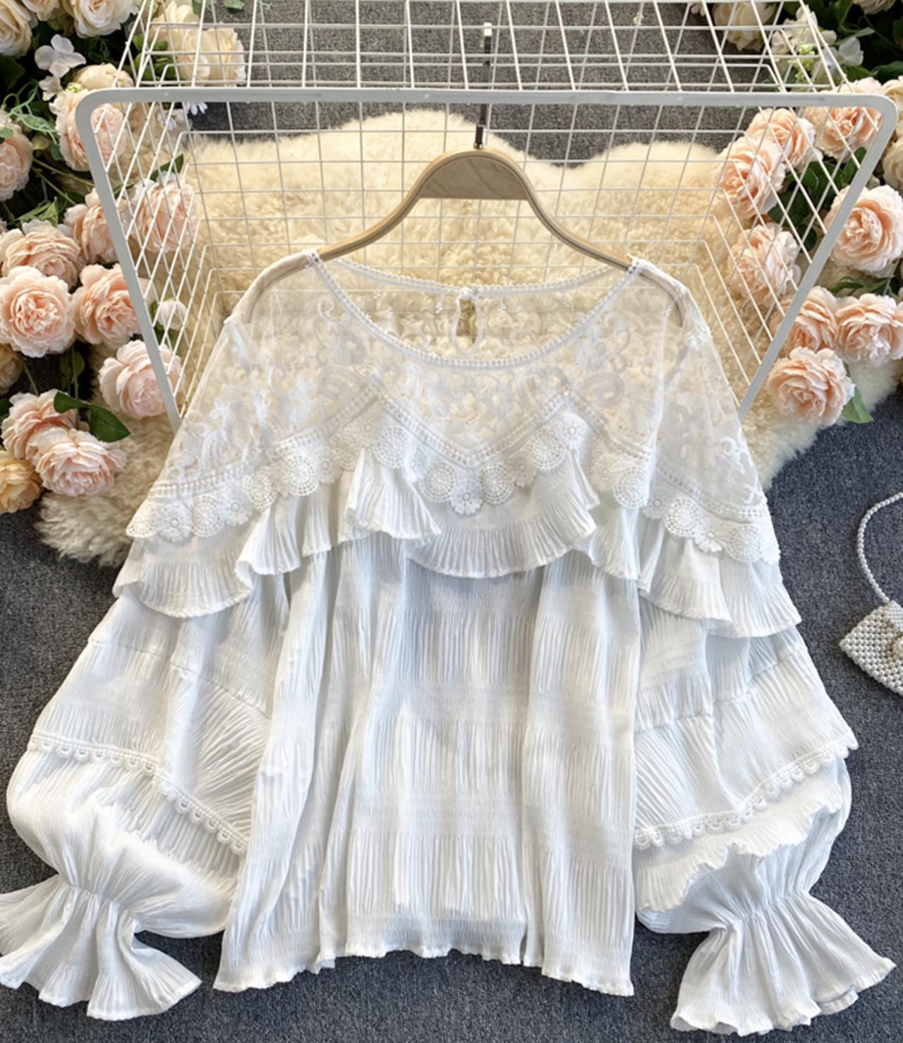 Stylish long sleeve tops see through lace tops  331