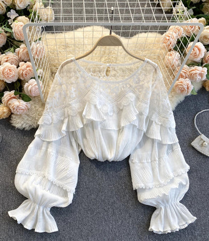 Stylish long sleeve tops see through lace tops  331