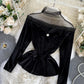 Stylish velvet tops long sleeve see through tops  333