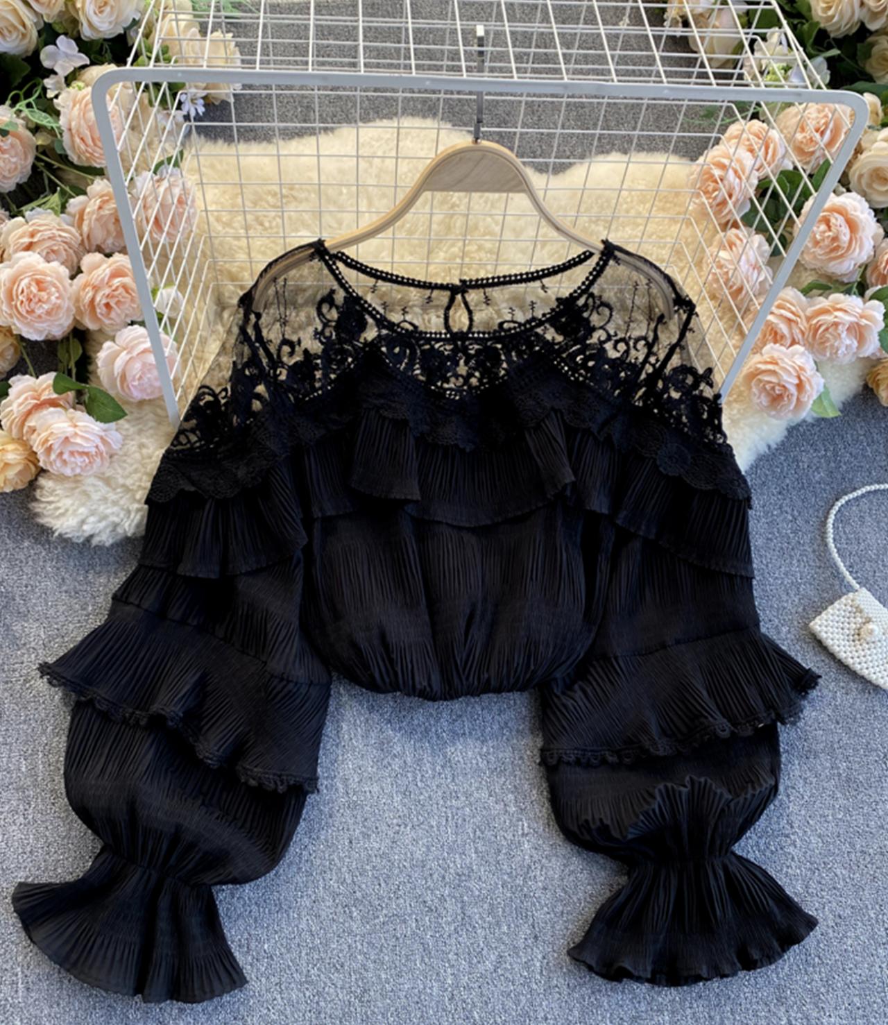 Stylish long sleeve tops see through lace tops  331