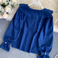 Sweet denim long-sleeved top cute blue lapel top  382