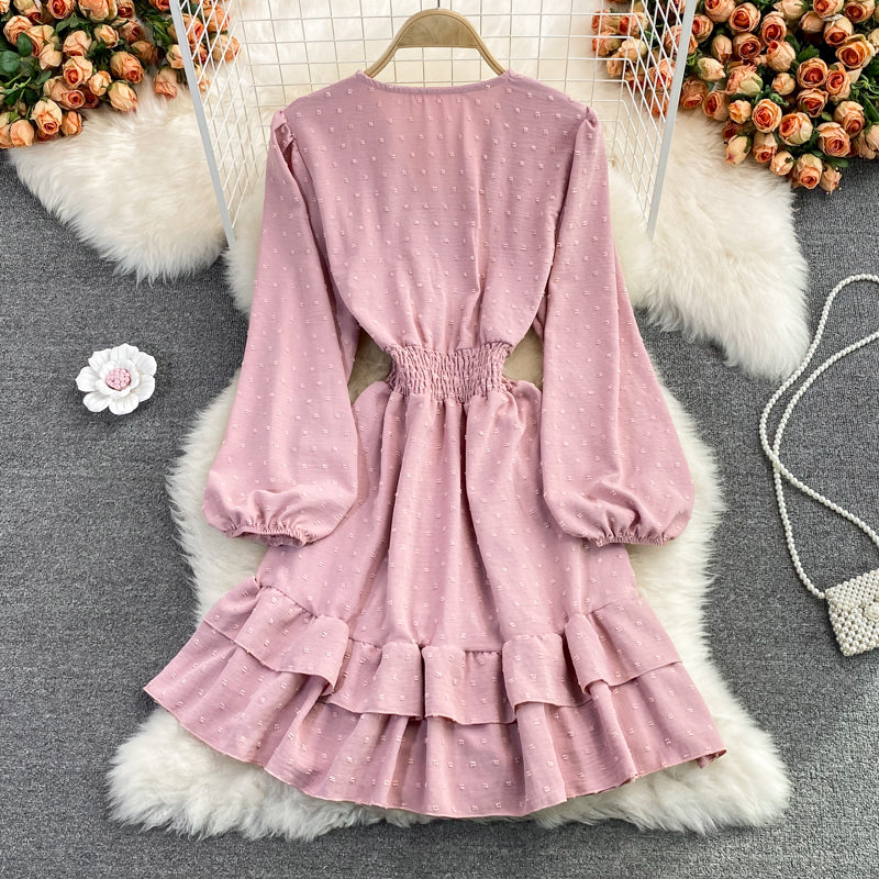 Süßes Langarmkleid mit V-Ausschnitt, Modekleid 413