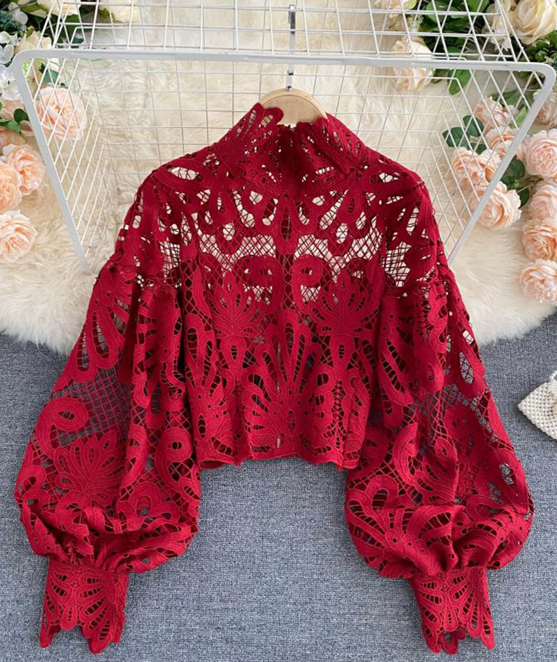 Stylish hollow lace top puff sleeve top  381