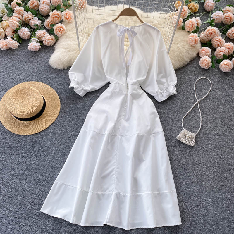 Weißes A-Linien-Kleid mit V-Ausschnitt, modisches Kleid 412