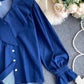Sweet denim long-sleeved top cute blue lapel top  382