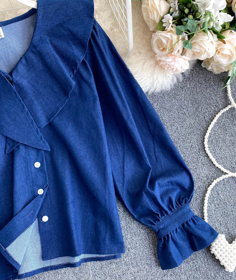 Sweet denim long-sleeved top cute blue lapel top  382