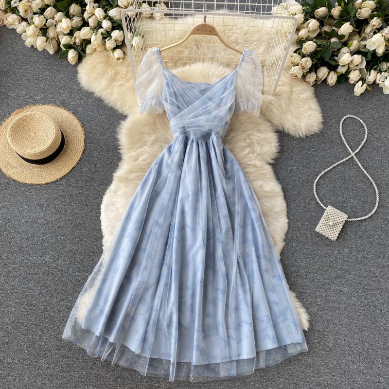 Blaues kurzes A-Linien-Kleid aus Tüll Modekleid 390