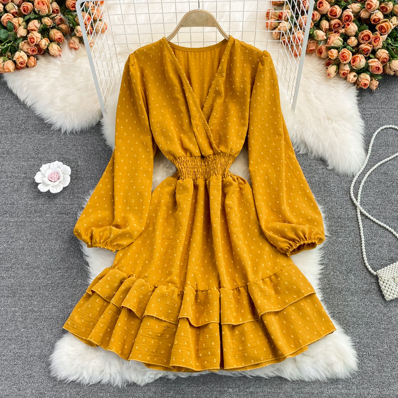 Süßes Langarmkleid mit V-Ausschnitt, Modekleid 413