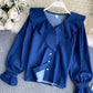 Sweet denim long-sleeved top cute blue lapel top  382