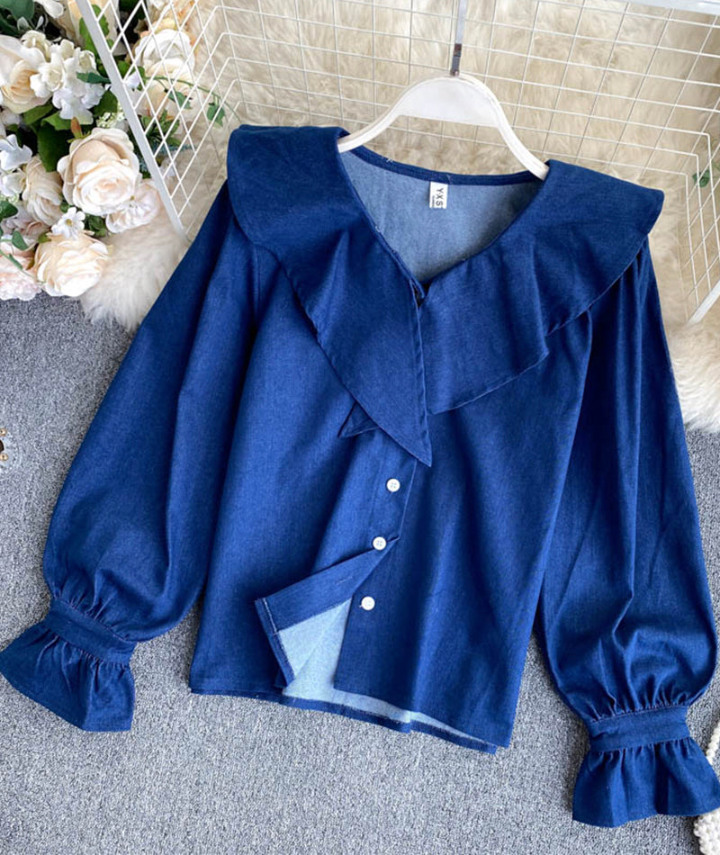 Sweet denim long-sleeved top cute blue lapel top  382