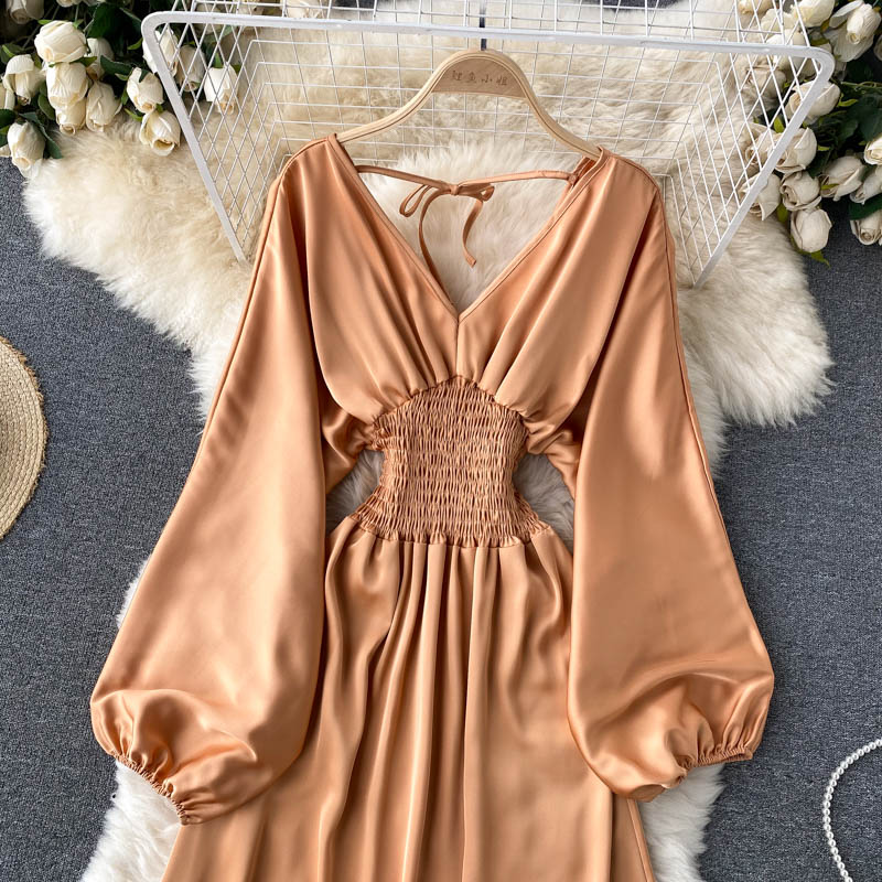 Süßes Langarmkleid mit V-Ausschnitt, Modekleid 407