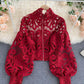 Stylish hollow lace top puff sleeve top  381