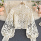 Stylish hollow lace top puff sleeve top  381