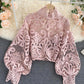 Stylish hollow lace top puff sleeve top  381