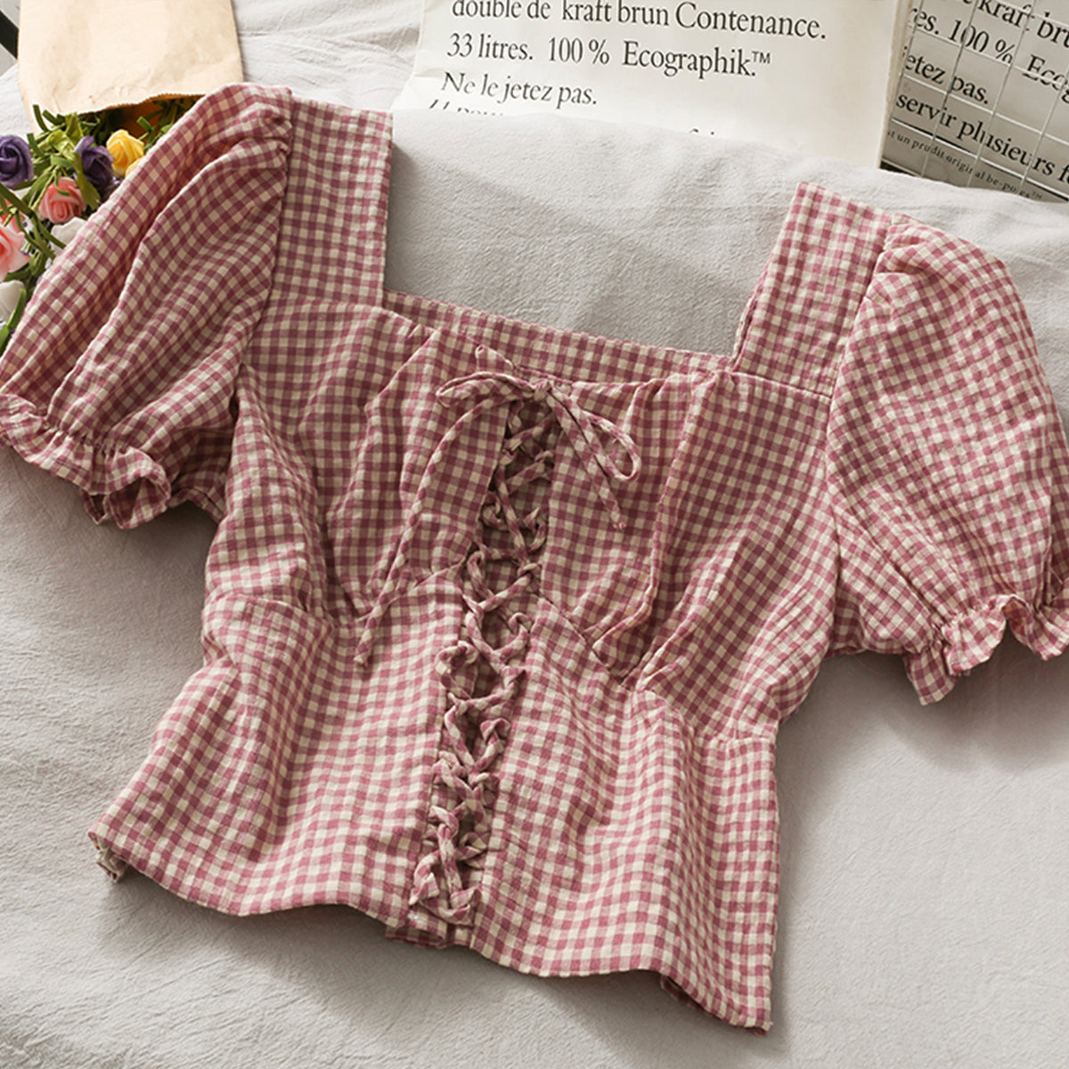 Cute Plaid Short Sleeve Top  301
