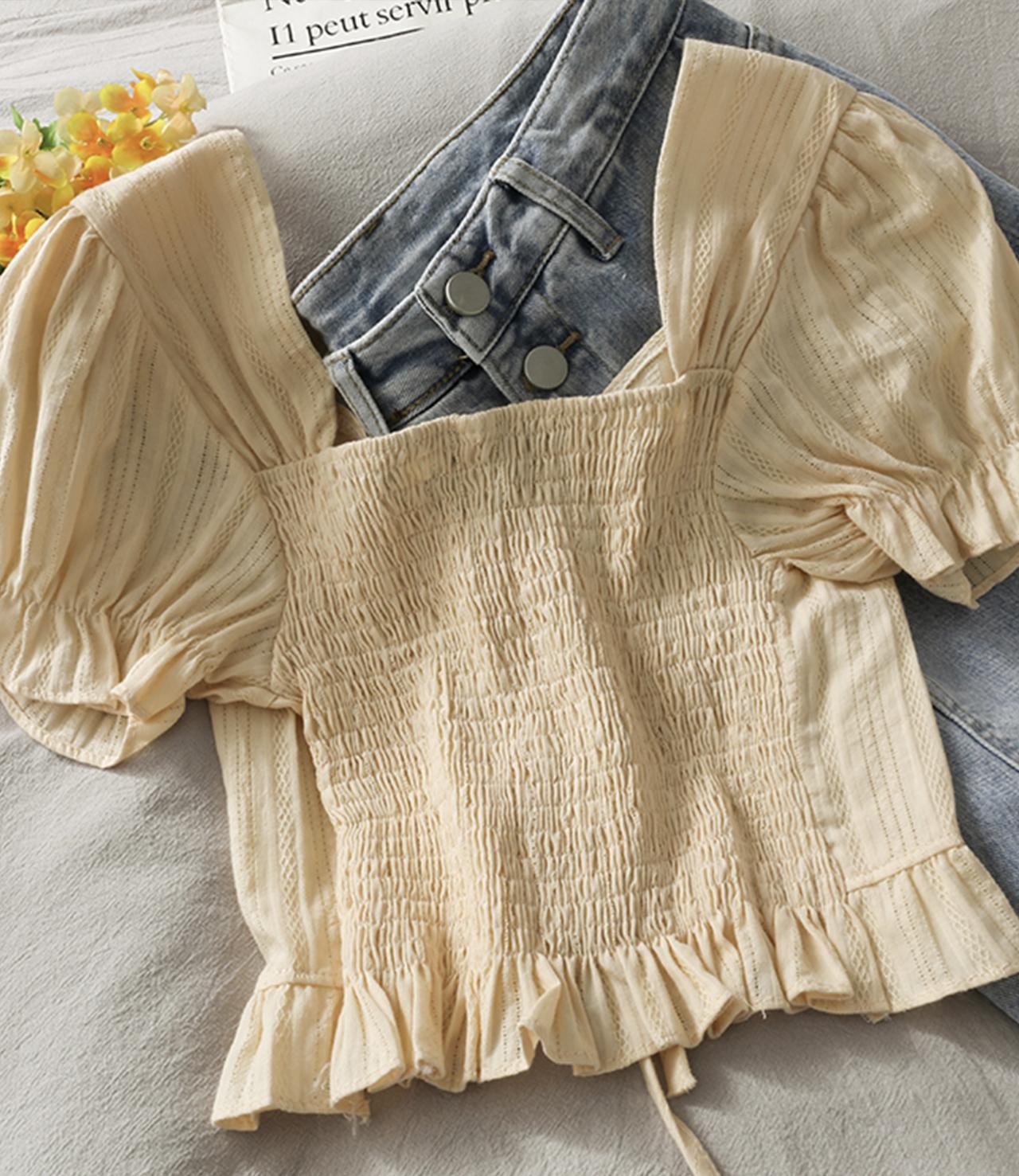 Simple drawstring short sleeve crop top  292