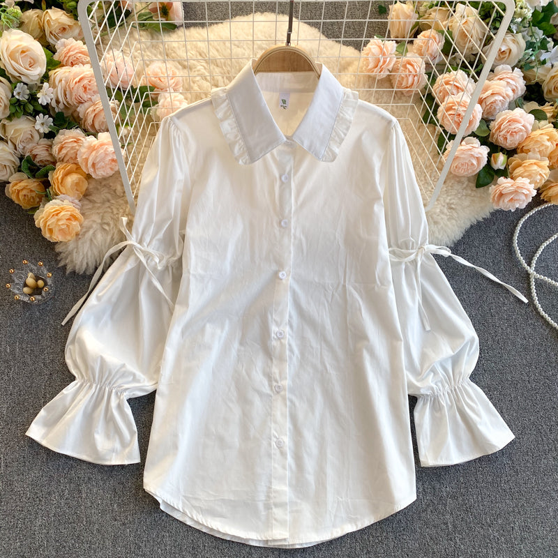 Simple shirt, puff sleeves, loose, versatile denim camisole, stacking two-piece suit  261