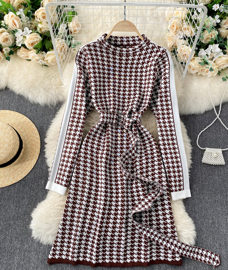 Knit dress retro houndstooth long sleeve dress  188
