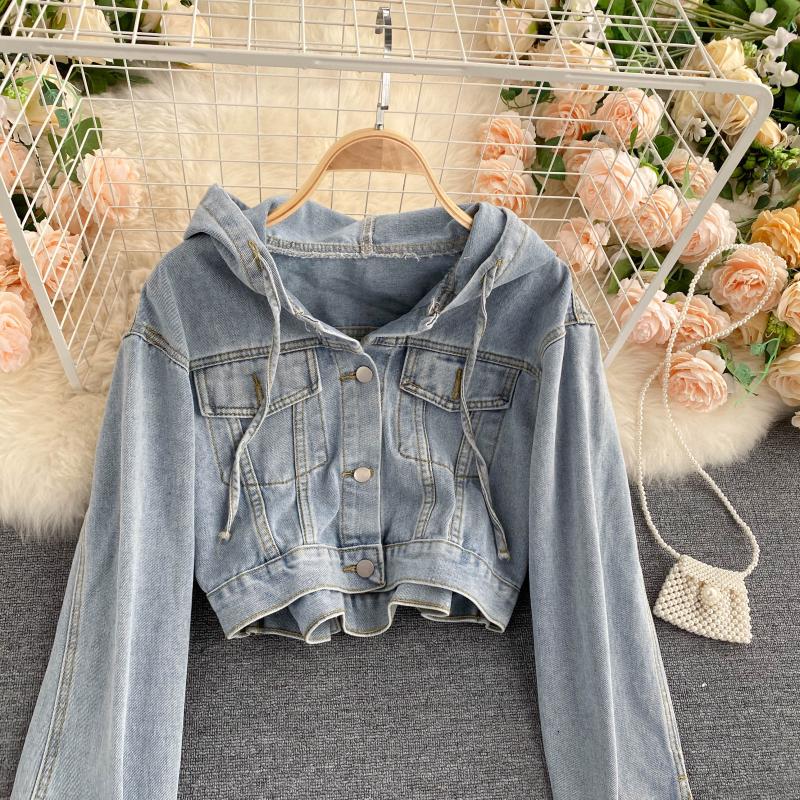 Fashionable denim long-sleeved top and hooded cropped top  248