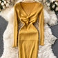 Knitted dress v neck long sleeve dress  181
