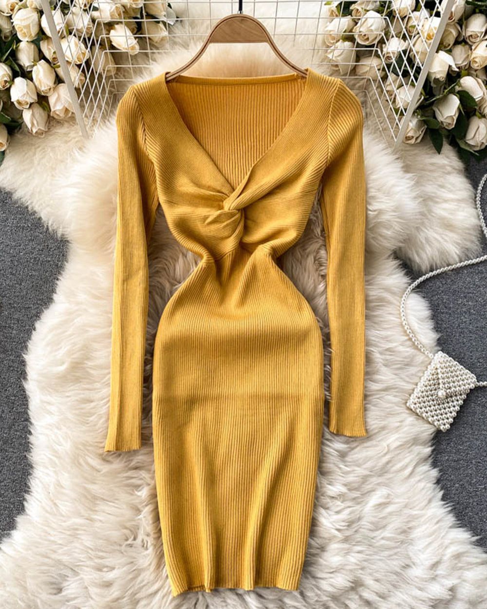 Knitted dress v neck long sleeve dress  181