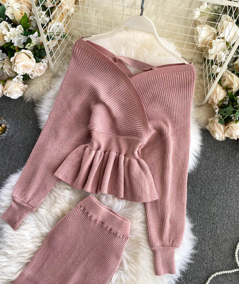 Modisches Langarm-Pullover mit V-Ausschnitt Pullover-Set 207