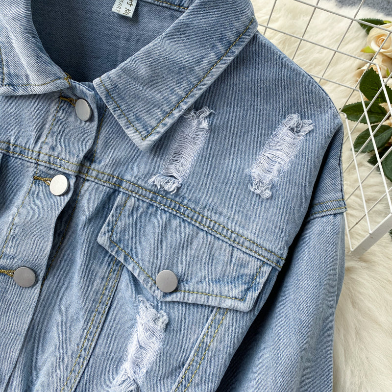 Haut court à manches longues en denim bleu 246