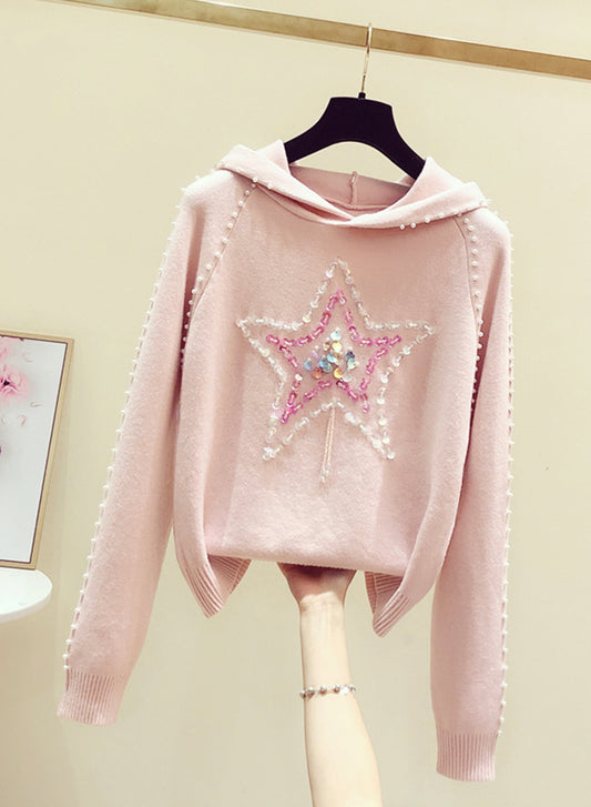 Pull rose à manches longues et col rond avec capuche 242