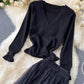 Elegant black long-sleeved sweater + lace skirt  205