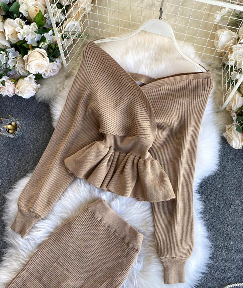 Modisches Langarm-Pullover mit V-Ausschnitt Pullover-Set 207