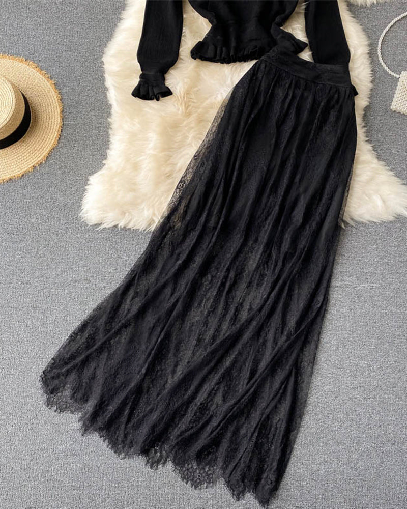 Elegant black long-sleeved sweater + lace skirt  205