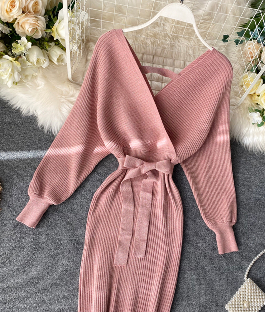 Sweater dress v neck long sleeve dress  173