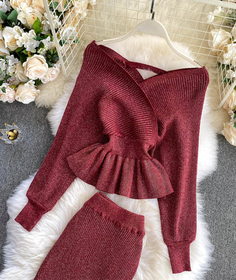 Modisches Langarm-Pullover mit V-Ausschnitt Pullover-Set 207