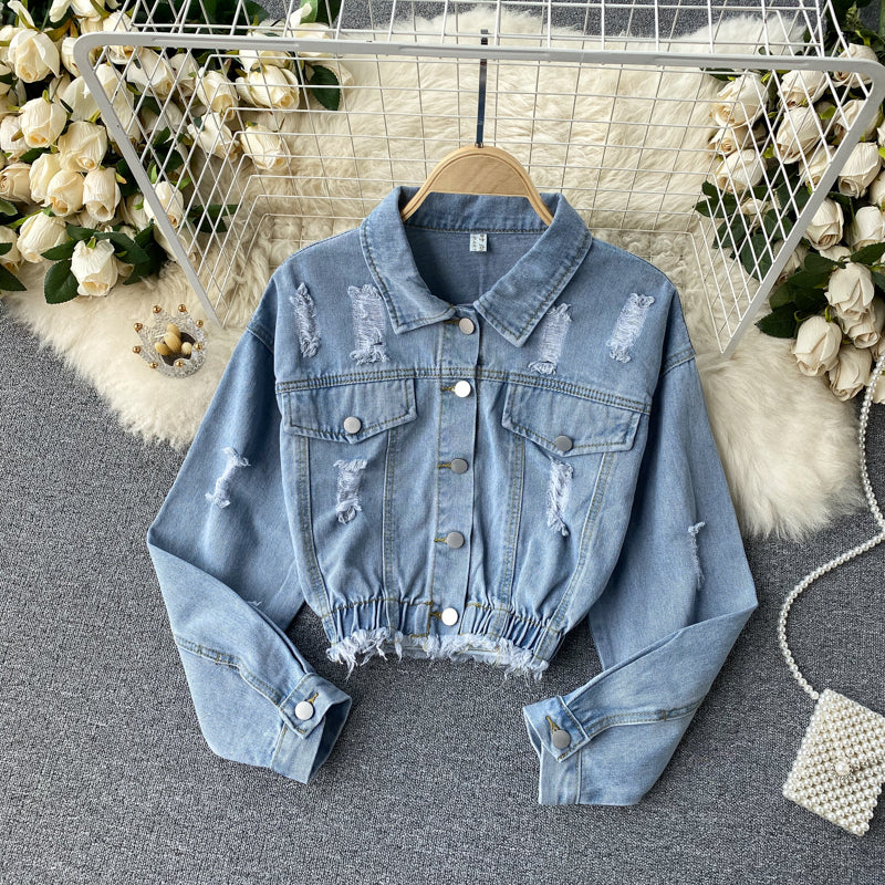 Haut court à manches longues en denim bleu 246