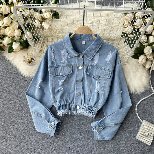 Haut court à manches longues en denim bleu 246