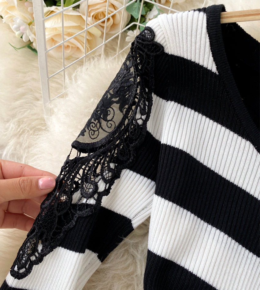 Sexy long sleeve knitted sweater lace panel sweater  191
