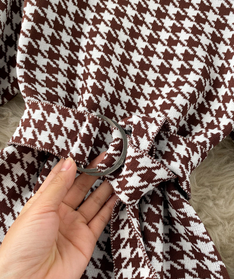 Knit dress retro houndstooth long sleeve dress  188
