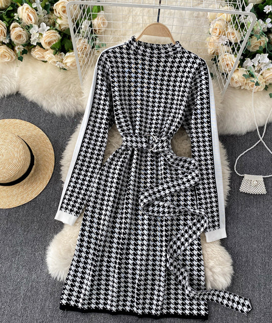 Knit dress retro houndstooth long sleeve dress  188