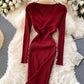 Knitted dress v neck long sleeve dress  181