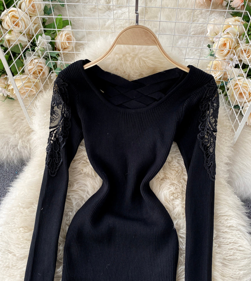 Sexy long sleeve knitted sweater lace panel sweater  191