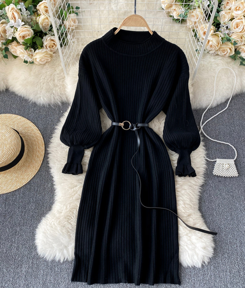Simple A line long sleeve sweater dress  178