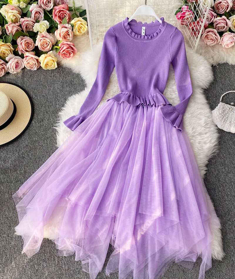 Lovely A line knitted tulle patchwork dress 194
